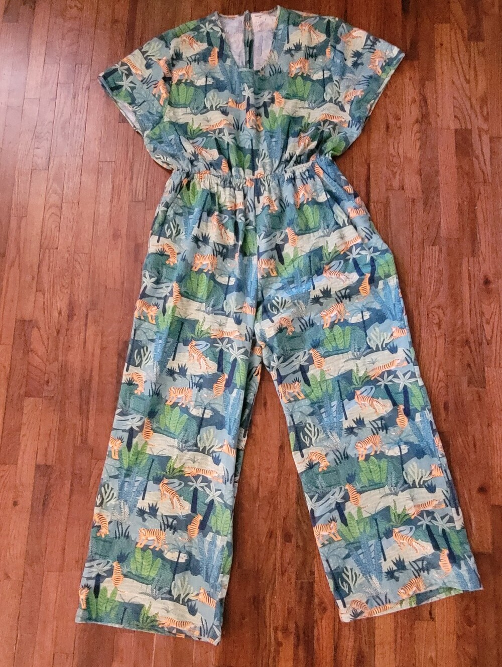 World Market 100% Cotton Tiger & Green Jungle Print Romper Jumpsuit Wide Leg S/M